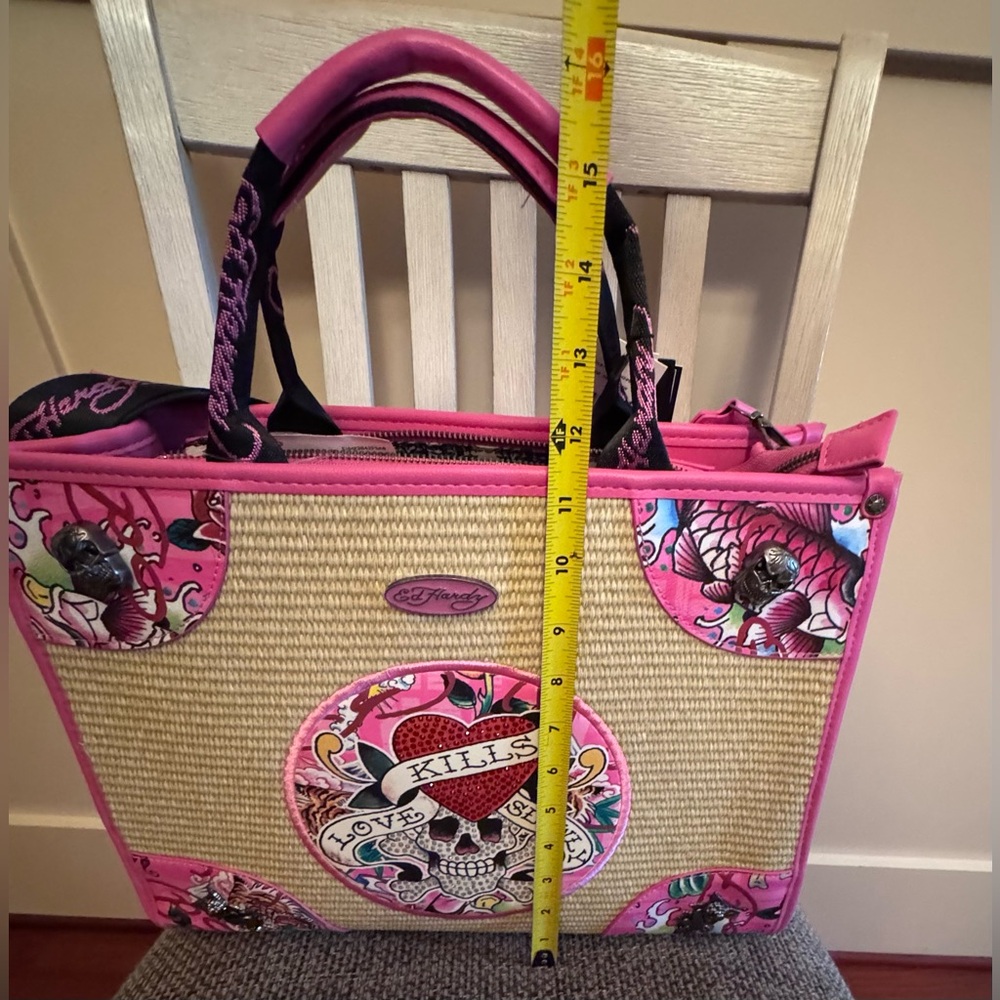 Ed Hardy Love Kills Slowly Straw Tote Bag Skull Rhinestone Tattoo Art Vegan NEW - Picture 10 of 16